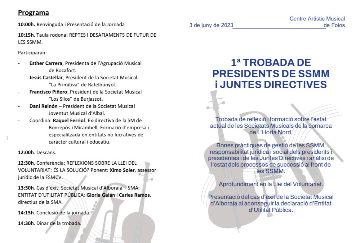 Estarem representats en la I Trobada Comarcal de presidents i juntes directives de Societats Musicals demà a Foios 

🙋🏻‍♂️ El president <a href="/fpsagredo/">Paco Piñero Sagredo</a> participarà en la Taula Redona

#AMLS #Burjassot FSMCV