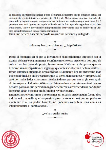Corriente1Mayo's tweet photo. Como ya comunicamos hace unos días. Tomamos la difícil decisión de cerrar el Cargol. Aquí os compartimos el manifiesto de despedida 
#Tarragona #cultura #politica #IMPORTANTE #Información #difusion https://t.co/FRPPu0zwRo