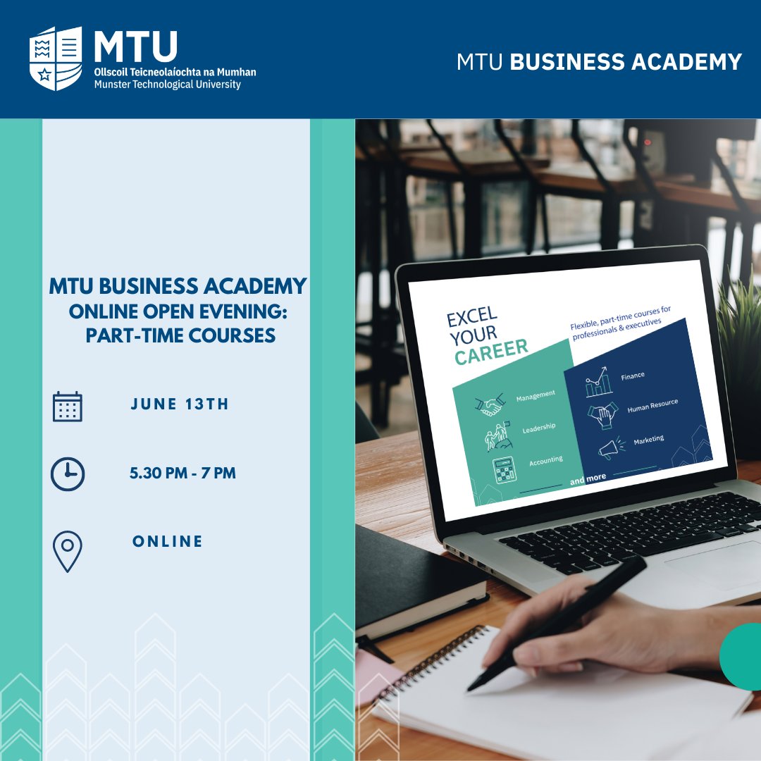 You and your friends are welcome to join the MTU Business Academy online open evening on Tues June 13th from 5.30-7pm.

This free, online event will give you an opportunity to chat with lecturers from our 30 professional &amp; executive, part-time courses. 

mtubusinessacademy.ie/events/mtu-bus…