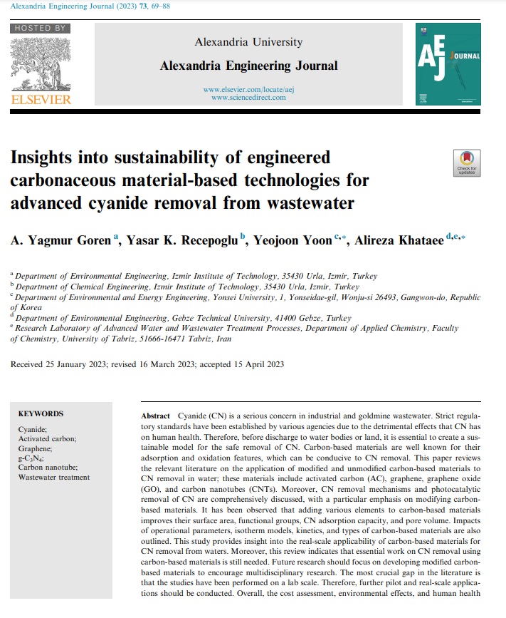 Yonsei Üniversitesi, Gebze Teknik Üniversitesi ve İYTE Kimya Mühendisliği Bölümü araştırmacıları ile Araştırma görevlimiz A. Yagmur Gören Kara'nın su kaynaklarında ciddi bir sorun olarak ortaya çıkan siyanürün karbon temelli malzemeler kullanılarak sulardan uzaklaştırılması+