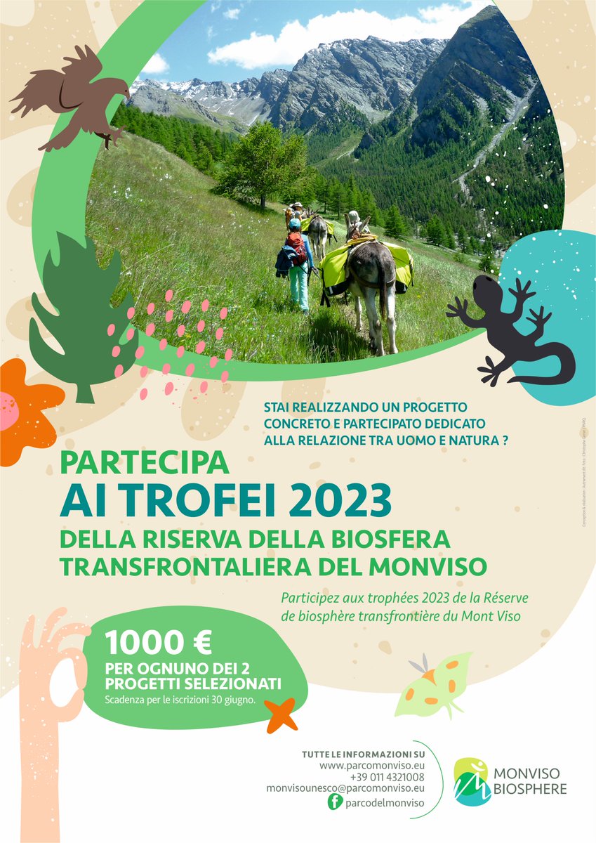 C'è ancora un mese per candidare progetti all'edizione 2023 dei Trofei della Riserva della biosfera transfrontaliera del Monviso.
#ItsAboutLife #ForNature #monvisounesco #riservadellabiosferatransfrontalieradelmonviso
parcomonviso.eu/mab/i-trofei-m…