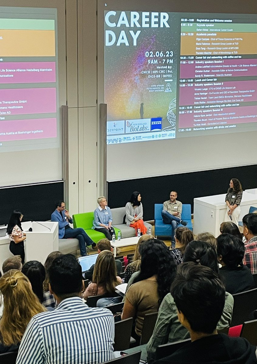 digsbb's tweet photo. After an inspiring Keynote talk by Dr. Seher Abbas, we continue with the Academia panel. Four great GLs from our campus @CampasLab @DoraTang5 @FedorovaLab Prof. T. Mascher. Auditorium is full, people are engaged and speakers are giving brilliant advice. @digsbb @imprs_mpicbg https://t.co/a6lrLKpB2U