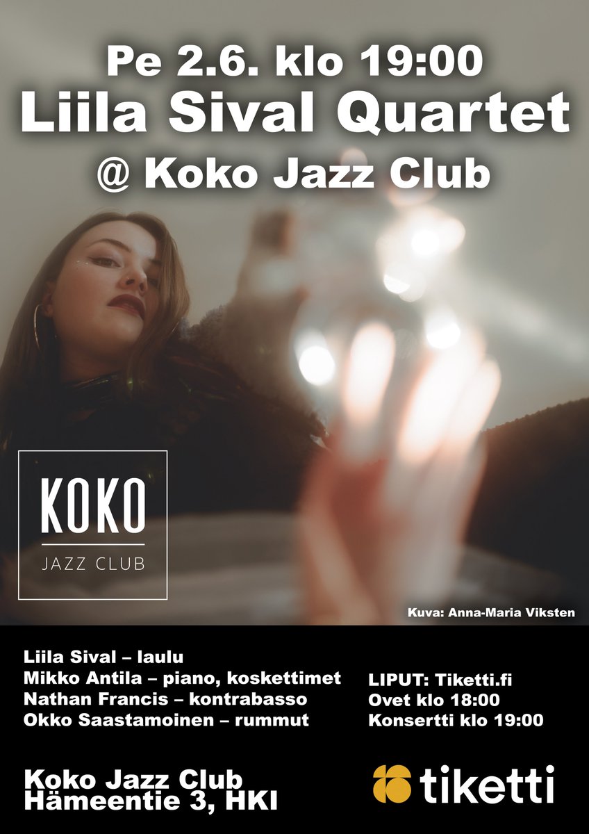 'The focal points of the music are colorful atmospheres, impulsive storytelling and improvisation. The traditional jazz expression is embellished with electronic elements and lingering grooves.' Liila Sival @ Koko Jazz Club today 2.6. at 19:00 Tickets: @TIKETTIofficial #jazz