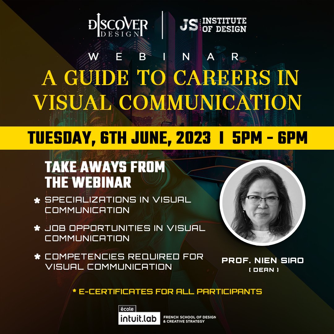 📣 Join us for an engaging webinar on "A Guide to Careers in Visual Communication" conducted by Prof. Nien Siao, the esteemed Dean at École Intuit Lab Delhi, managed by JS Institute of Design.

📅 Date: 6th June
⏰ Time: 5 PM to 6 PM
#webinar #visualcommunication #digitaldesign