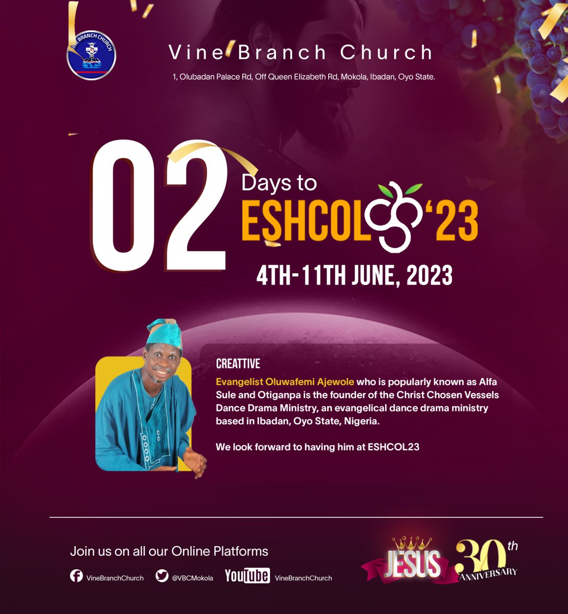 VBCmokola's tweet photo. #2DaysToGo
#CountdownToEshcol23
#ESHCOL23
#JESUS
#VineBranchChurch
@alfasule1 https://t.co/H7BYkwEshP