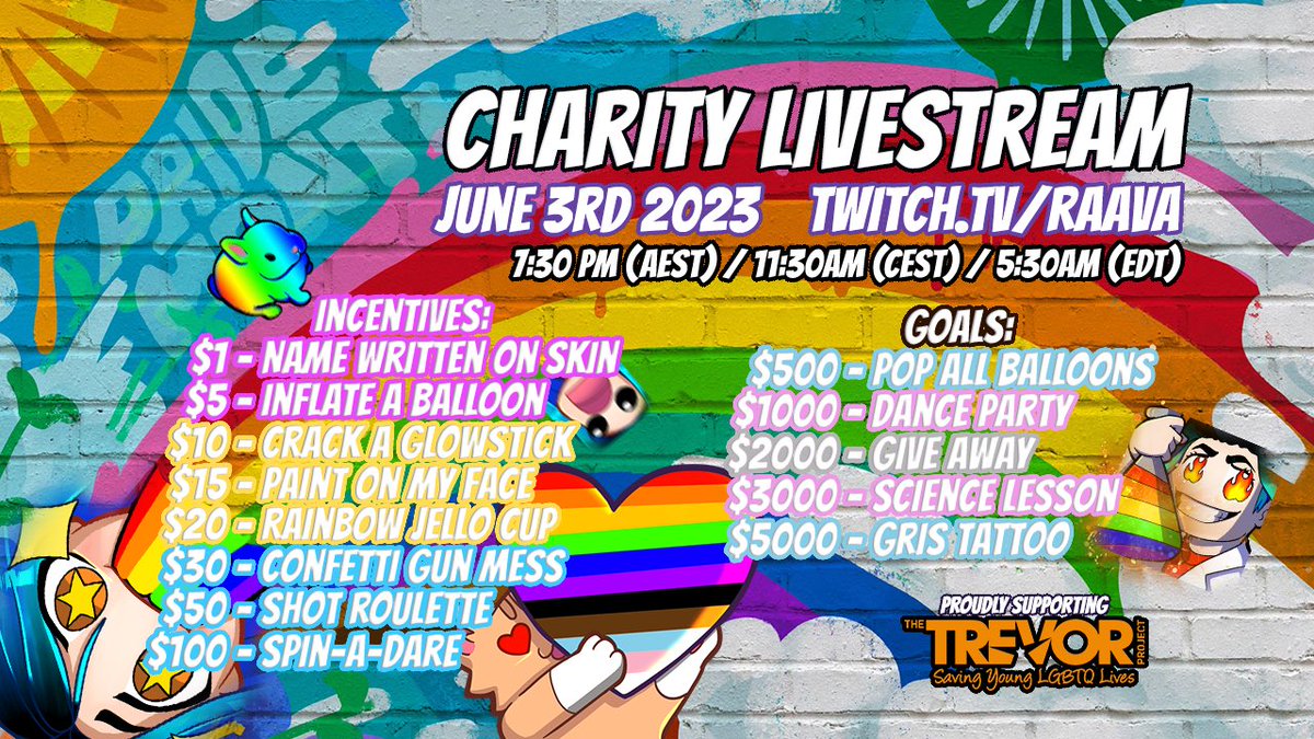 raavalicious's tweet photo. Reminder of what’s going on this Saturday! Hope to see you there to support and fundraise for @TrevorProject 🏳️‍🌈

#TwitchANZPride https://t.co/9dqCUF6AEw