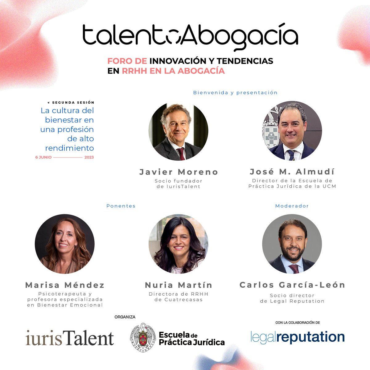 Nueva sesión de Talento Abogacía: "La cultura del bienestar en una profesión de alto rendimiento”, con Marisa Méndez (psicoterapeuta) y Nuria Martín (directora RRHH @Cuatrecasas), moderados por nuestro socio <a href="/cgarcialeon/">Carlos García-León</a>. Consulta las fotos de 1ª sesión: bit.ly/45FLHXw