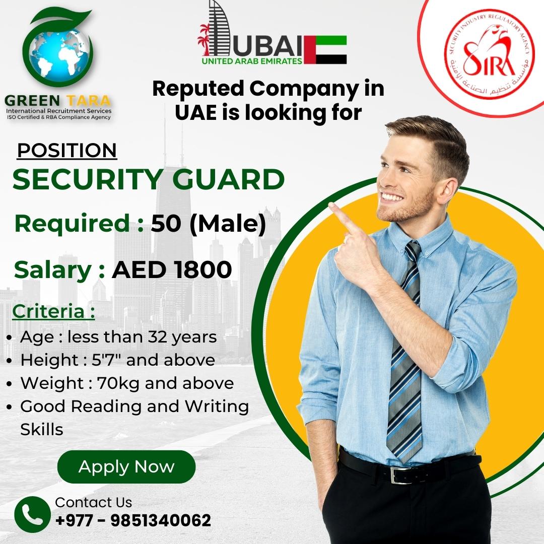 𝐇𝐮𝐫𝐫𝐲 𝐮𝐩!!! 𝐇𝐮𝐫𝐫𝐲 𝐮𝐩!!! 𝐇𝐮𝐫𝐫𝐲 𝐮𝐩!!! One of the leading company in UAE is looking for Security Guard Interested candidates may send their CV career@greentaraintl.com or contact us at 9851340062