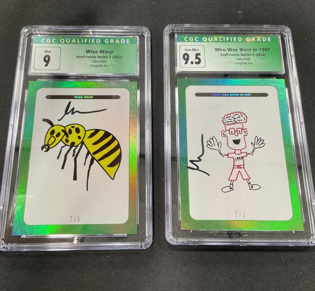Delighted with my grades from @cgccards after getting them signed by <a href="/garyvee/">Gary Vaynerchuk</a> at <a href="/veecon/">VeeCon</a>. <a href="/VeeFriendsCards/">VeeFriends Cards</a>
