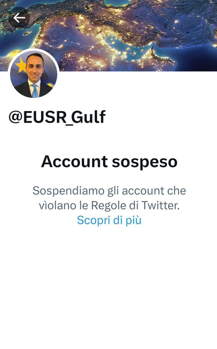 CrazyItalianPol's tweet photo. The Twitter profile of the new EUSR for the Gulf Luigi Di Maio, which was only opened yesterday and tweeted 3 times, has been already suspended for 'violation of the rules'. 

June 2, 2023 https://t.co/6ZPz4MyNiU