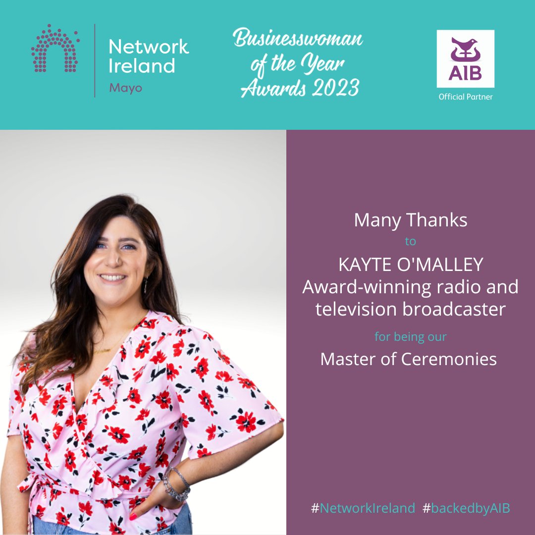 networkmayo's tweet photo. We are delighted to announce that the amazing Kayte O’Malley will be the MC for our Businesswoman of the Year awards! 🎙🎉

@kayteomalley is an award-winning radio and television broadcaster based in Galway. 

#NetworkIreland #BackedbyAIB #LEOMayo https://t.co/Pyk7jhkWs4