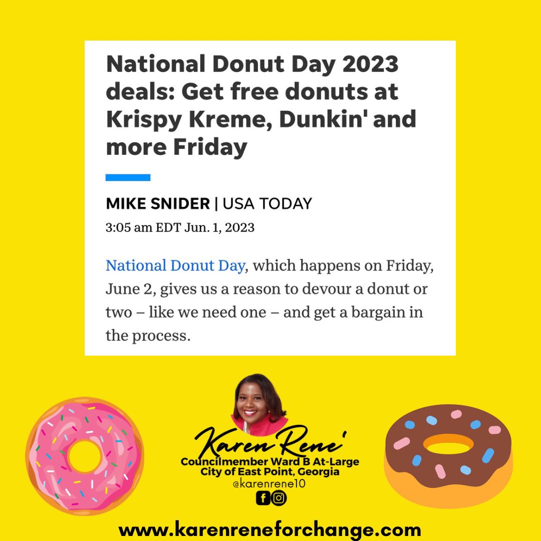 Celebrate #NationalDonutDay on Friday, June 2 with some sweet deals and delicious treats! 🍩🎉 #DonutDay #DonutLove #DonutObsessed #karenrenecares #EastPointGa #FridayVibes