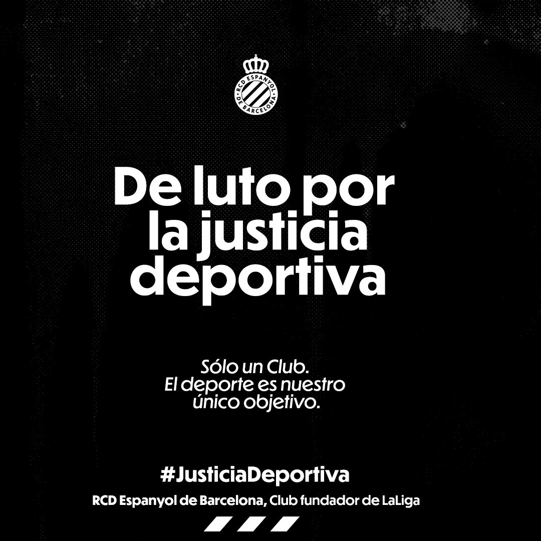 ⚫️ 𝗗𝗲 𝗹𝘂𝘁𝗼 𝗽𝗼𝗿 𝗹𝗮 𝗷𝘂𝘀𝘁𝗶𝗰𝗶𝗮 𝗱𝗲𝗽𝗼𝗿𝘁𝗶𝘃𝗮. Nos adherimos a la iniciativa de nuestros colectivos sociales. 

#JusticiaDeportiva #RCDE