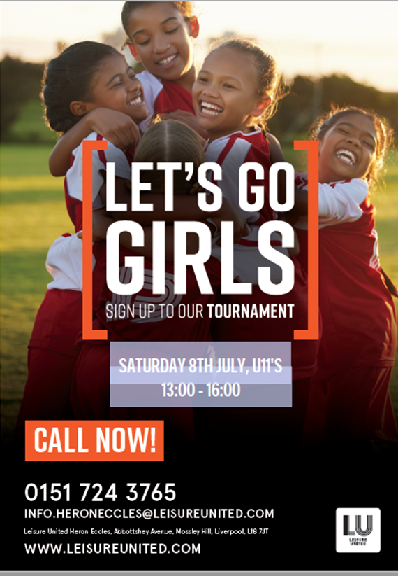 Liverpool FA (@liverpool_cfa) on Twitter photo LET'S GO GIRLS 👧 | Leisure United are hosting their Let's Go Girls U11s tournament on 8th July! 🏆
To get your daughter involved:
☎ 0151 724 3765
📧 info.heroneccles@leisureunited.com
🖱 leisureunited.com LET'S GO GIRLS 👧 | Leisure United are hosting their Let's Go Girls U11s tournament on 8th July! 🏆
To get your daughter involved:
☎ 0151 724 3765
📧 info.heroneccles@leisureunited.com
🖱 leisureunited.com