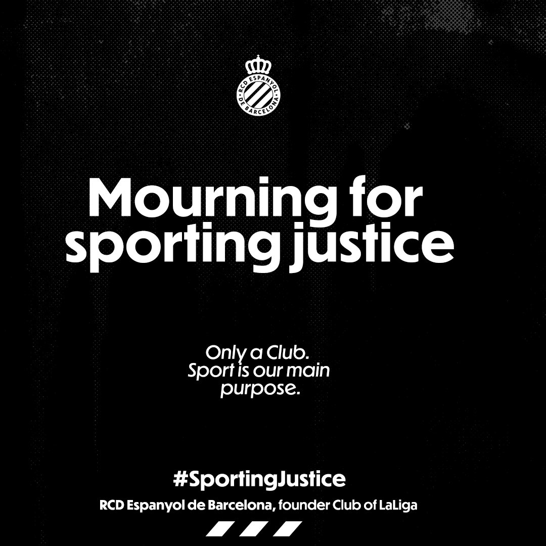 RCDEspanyol_EN's tweet photo. ⚫️ 𝗠𝗼𝘂𝗿𝗻𝗶𝗻𝗴 𝗳𝗼𝗿 𝘀𝗽𝗼𝗿𝘁𝗶𝗻𝗴 𝗷𝘂𝘀𝘁𝗶𝗰𝗲.
We support the initiative of our social groups.
#SportingJustice #RCDE https://t.co/XZzmijhhKB