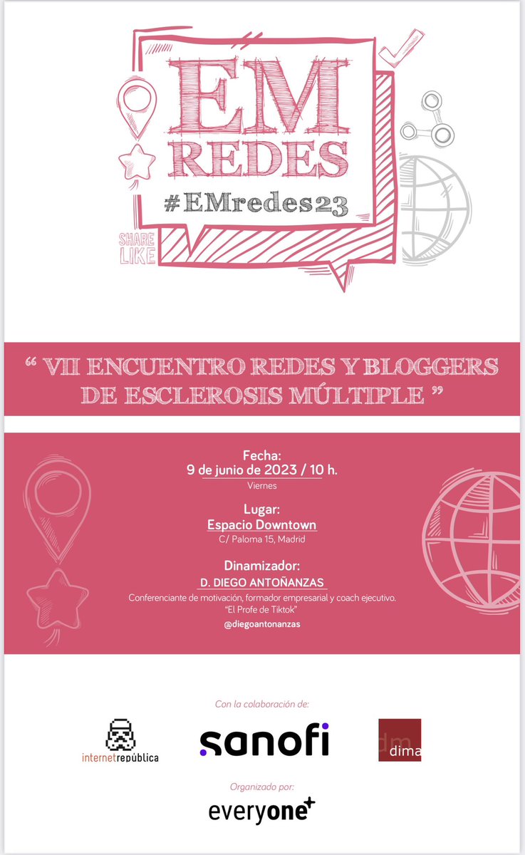 😍 En una semana celebraremos #EMredes23 <a href="/em_redes/">EMredes</a> el 7 encuentro d Comunidad digital #EsclerosisMúltiple 
👉 Un Programa 💯🔝
👉 #Pacientes y Profesionales debatiendo en igualdad en 4 Chester 
👉 Presencial en #Madrid y streaming youtube.com/watch?v=CgzrWg…
Ganas de EMredarnos!! 😜