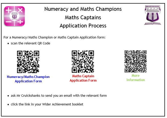 WHS_MathsDept's tweet photo. We are recruiting new S6 Maths Captains, Numeracy Champions and Maths Champions.

If you are interested, please scan the revelant code below! https://t.co/xV2Xx049Pv