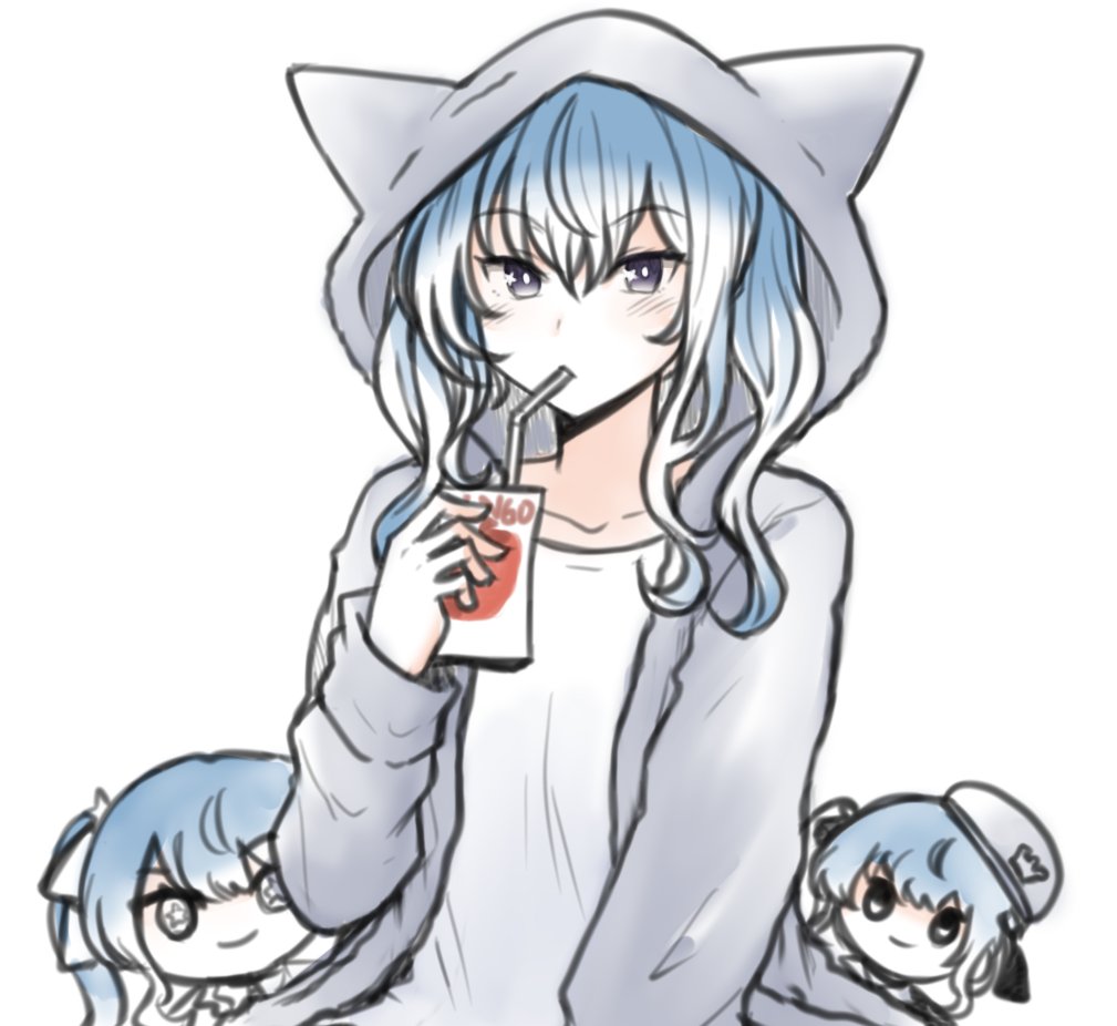 hoshimachi suisei 1girl hood blue hair animal hood juice box drinking straw solo  illustration images