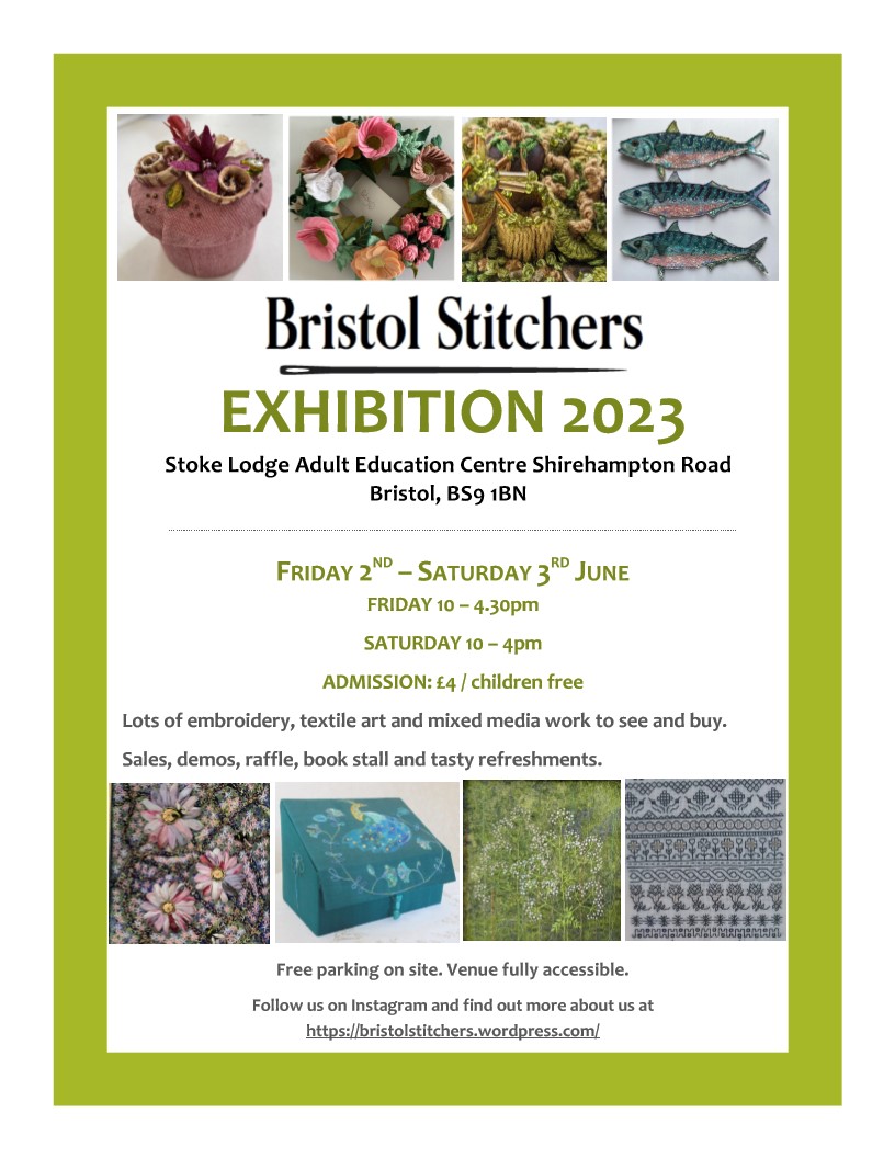 Calling all Bristol Stitchers🧵

Pop down to @BristolCourses today or tomorrow for an unmissable exhibition!

Featuring embroidery, textile arts and mixed media works.

Take part in a fantastic raffle, and indulge in tasty refreshments.

We’ll see you there🤝