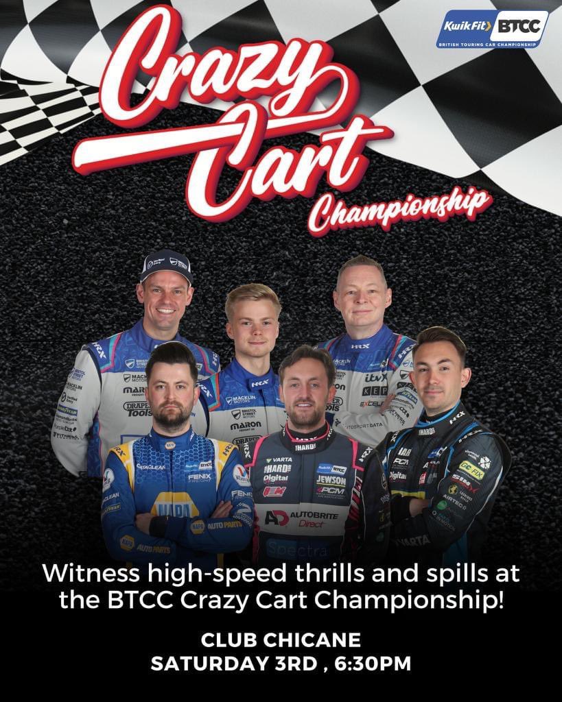 We are all set for the second round of the Crazy Cart Championship this Saturday at 6:30pm! Join us at Club Chicane and cheer on all of your favourite drivers from the BTCC paddock. #CrazyCartChampionship #BTCC #Thruxton