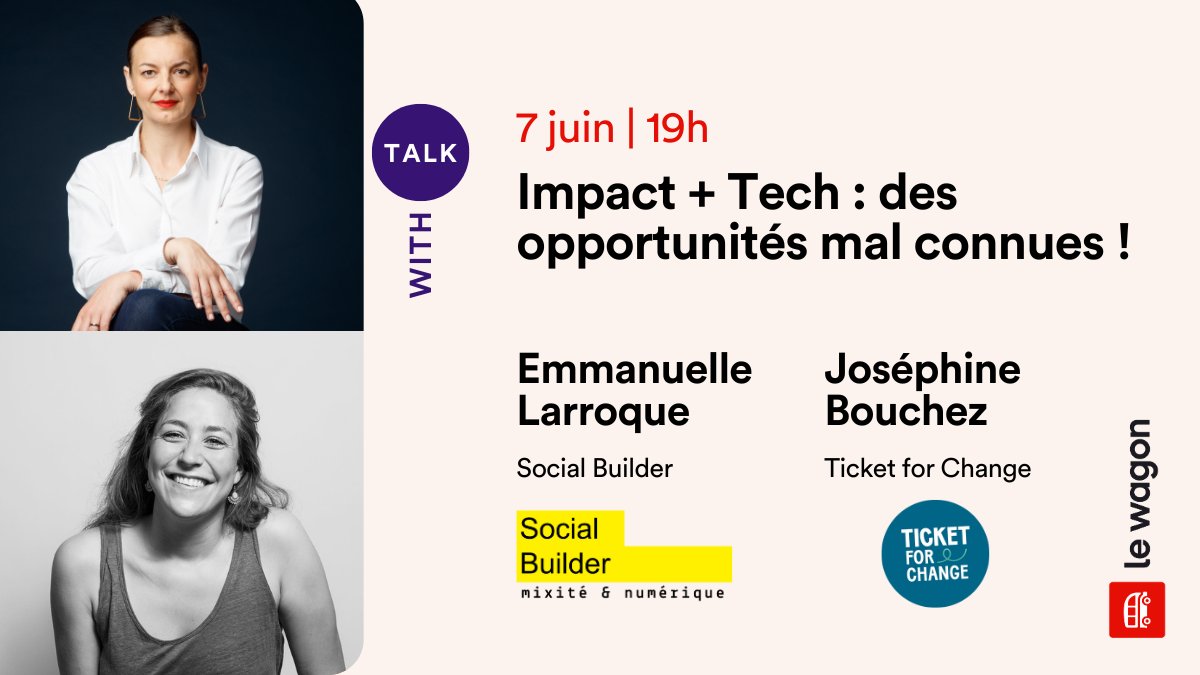 Social Builder (@socialbuilder) on Twitter photo Retrouvez-nous avec @TicketforChange pour un Apérotalk au <a href="/Lewagonparis/">Le Wagon France</a> ! Nous y aborderons les difficultés entre l’offre et la quête de sens des nouveaux métiers de la tech. ⚠️ Les places sont limitées 👉 lew.ag/impact-et-tech Retrouvez-nous avec @TicketforChange pour un Apérotalk au <a href="/Lewagonparis/">Le Wagon France</a> ! Nous y aborderons les difficultés entre l’offre et la quête de sens des nouveaux métiers de la tech. ⚠️ Les places sont limitées 👉 lew.ag/impact-et-tech