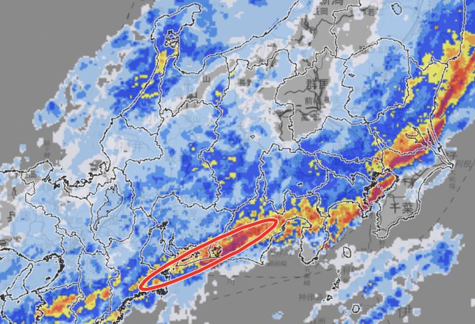 こりゃ新幹線も止まるしか…。赤丸は線状降水帯。