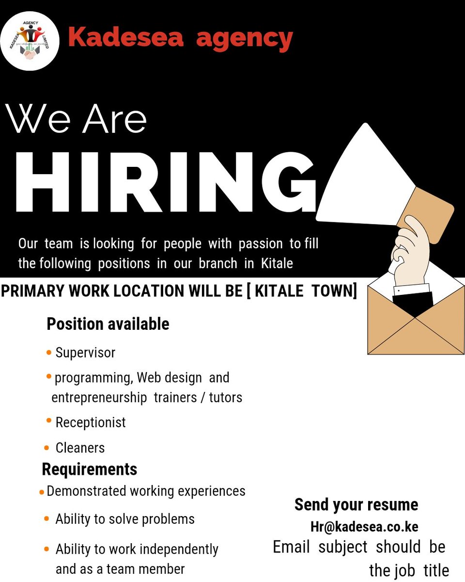 We  are  hiring. Apply through  hr@kadesea.co.ke 

#ikokazi #IkokaziKE