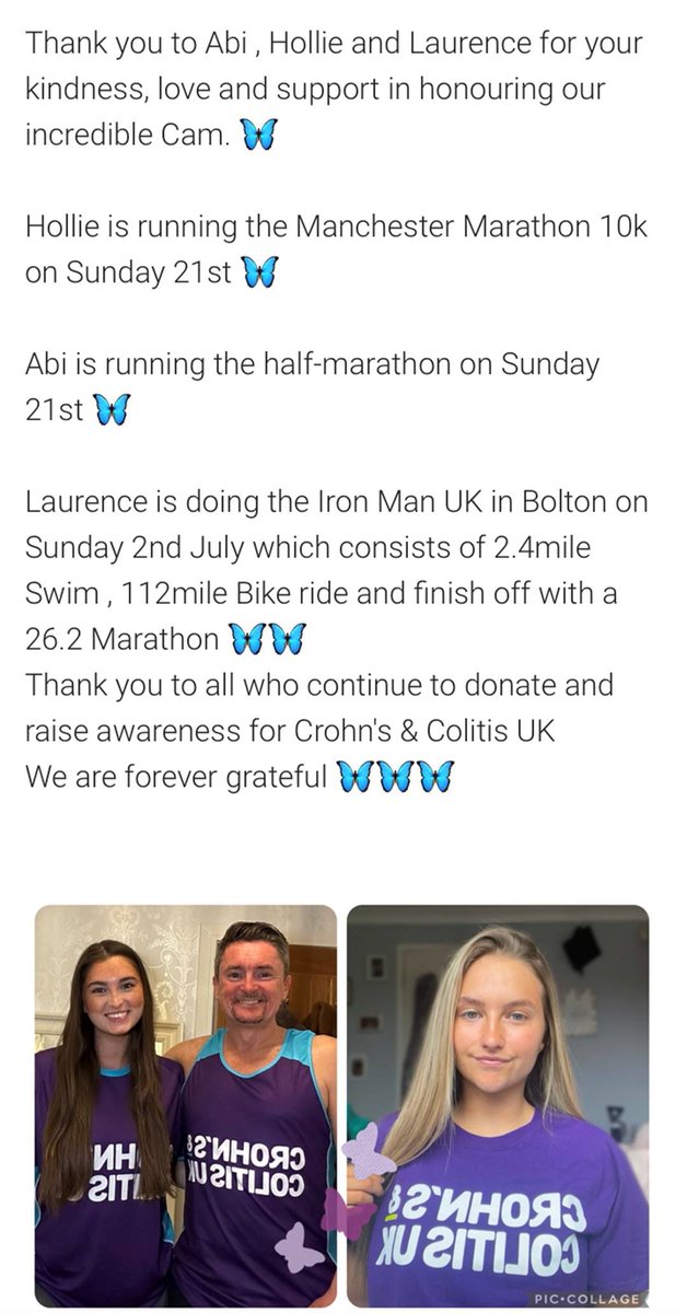 This week's #FridayFundraisers are Abi, Hollie, and Laurence for your inspiring fundraising held in memory of much-loved, Cameron. Thank you for continuing to raise money and awareness for Crohn’s & Colitis UK, we are so grateful for your on-going support. 💜