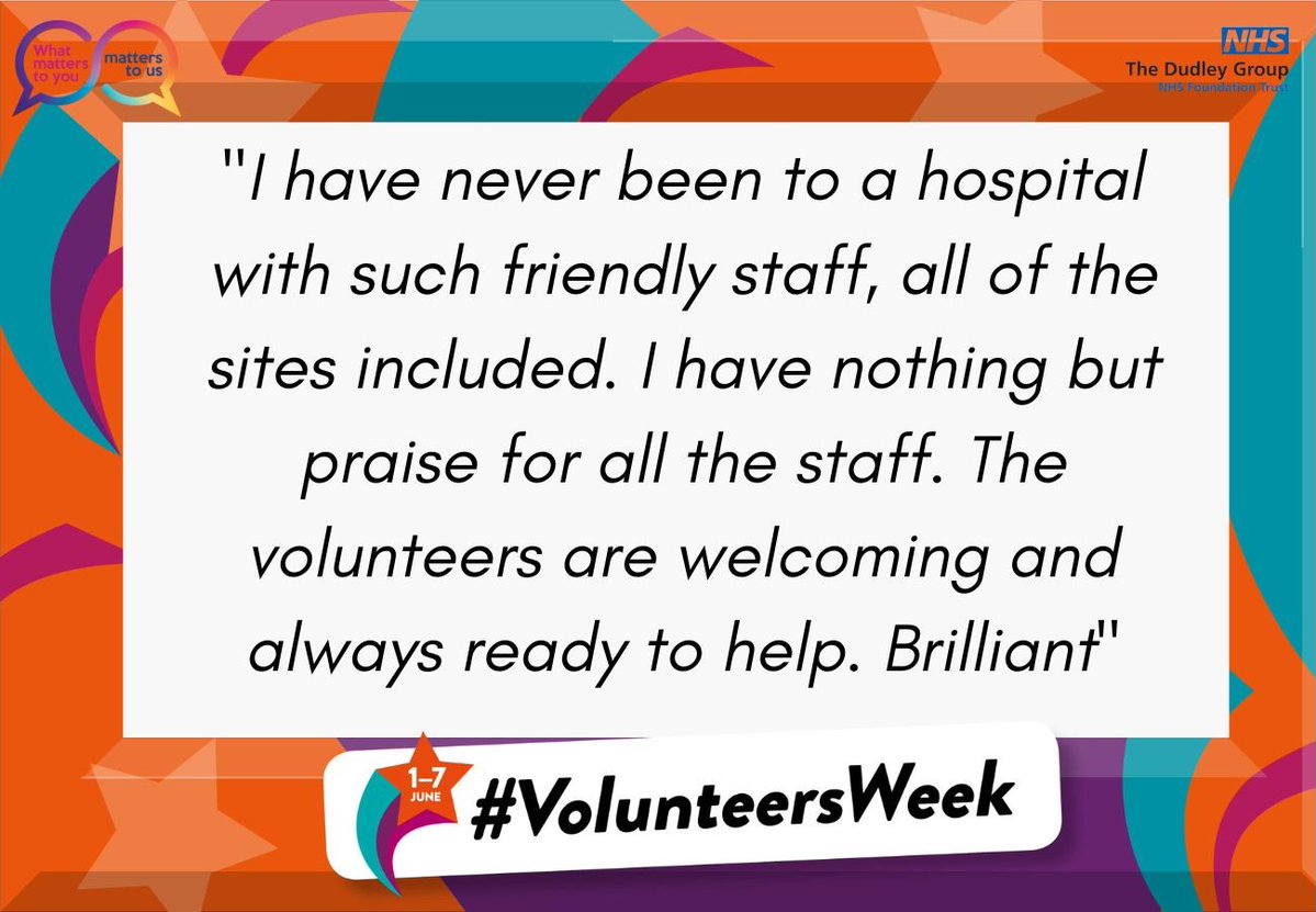 Marvellous compliment from a patient for #volunteersweek it is a pleasure to hear that volunteers at The Dudley Group are welcoming and always ready to help others. @NCVOvolunteers. @DudleyGroupCEO @MarySextonNHS @DudleyGroupNHS @DgftVolunteers @jillfaulkner65