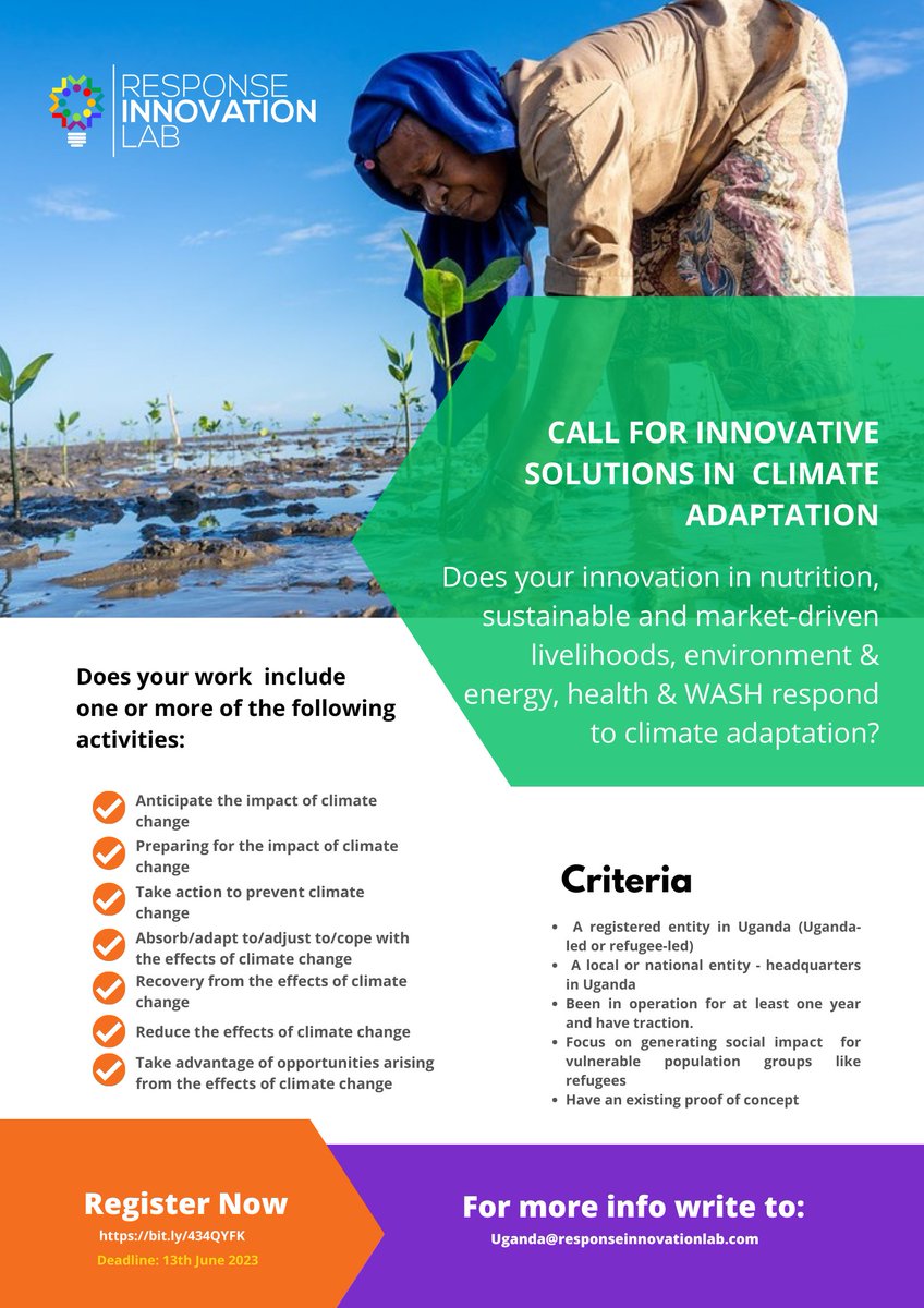 The RIL Call for applications in Climate Adaptation is open. Does your innovation in nutrition, sustainable &amp; market-driven livelihoods, environment &amp; energy, health &amp; WASH respond to climate adaptation?
Apply here: bit.ly/434QYFK by 13th June 2023.
<a href="/StartupUganda_/">Startup Uganda</a>