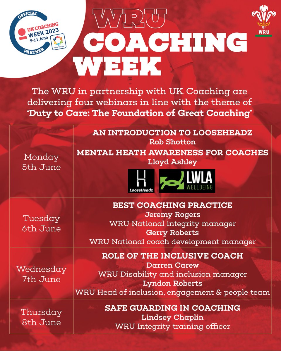💻 Wythnos Hyfforddi. Beth amdani!    During next week’s #CoachingWeek there will be four webinars delivered in partnership with <a href="/_UKCoaching/">UK Coaching</a>     To sign up head to 👉 bit.ly/WRUCoachingWeek #WelshRugby