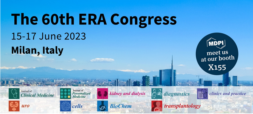 JCM_MDPI's tweet photo. #mdpijcm 
📢 Meet Us at the 60th European #Renal Association (ERA) Congress, 15–17 June 2023, Milan, Italy @ERAkidney @MDPIOpenAccess @MediPharma_MDPI 

Date: 15–17 June 2023
Location: Milan, Italy
More info: https://t.co/UdFp7fsEEt
 
#kidney #nephropathy #transplant https://t.co/bpCEBbaOQH