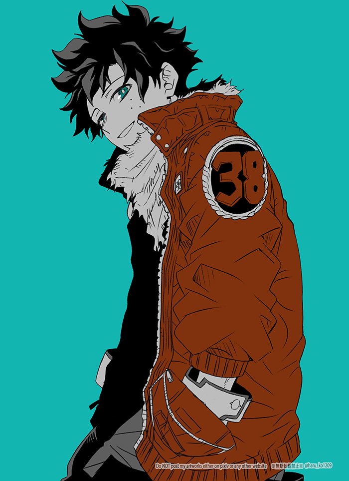 midoriya izuku male focus 1boy hands in pockets solo jacket freckles simple background  illustration images