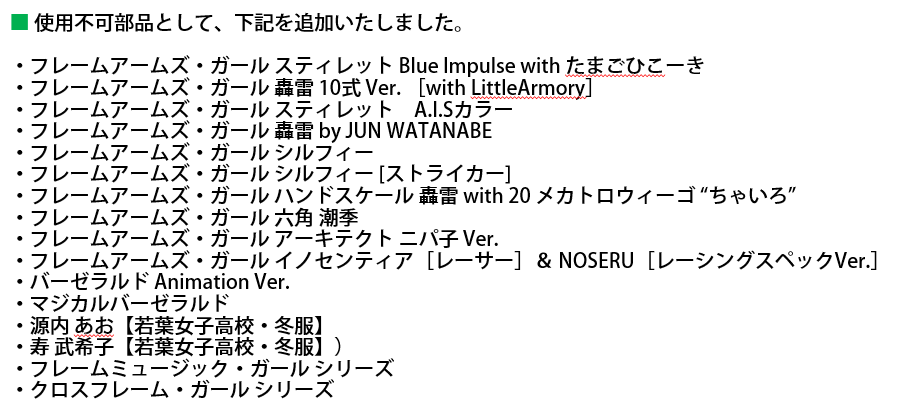 使用可能部品として、下記を追加いたしました。
・トミーテック製「リトルアーモリー」シリーズ

使用不可部品として、下記を追加いたしました。
・フレームアームズ・ガール　一部製品
（※対象詳細はイベントページまたは本ツイートの添付画像を参照ください。）