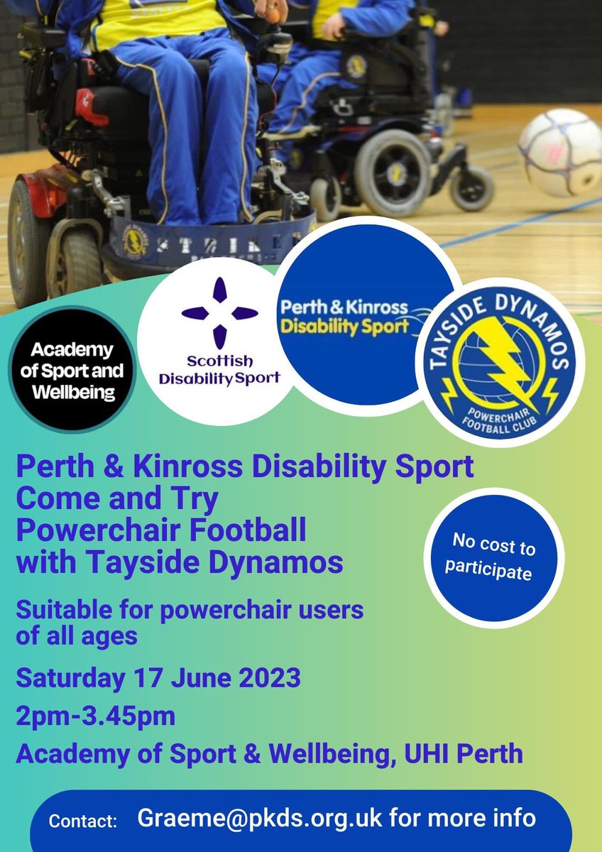 We are delighted to working in partnership with @TaysideDynamos to deliver a come and try Powerchair Football session ⚽️ 🗓️Saturday 17 June ⏰2pm-3.45pm 📍 @ASWUHIPerth 💰No cost to participate. Registration is essential - cognitoforms.com/PerthKinrossDi…