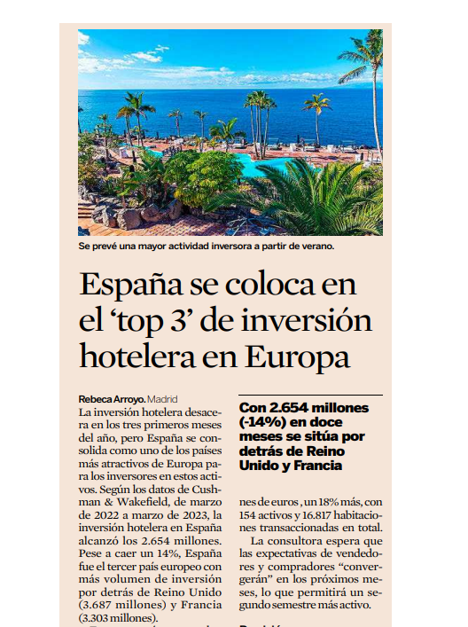 🎯España se sitúa entre los tres principales destinos de inversión hotelera en Europa. 

Según el informe de <a href="/CushWakeSPAIN/">Cushman & Wakefield</a>, durante el período de marzo de 2022 y marzo de 2023, la inversión hotelera en España alcanzó la cifra de 2.654 millones de euros.

eleconomista.es/transportes-tu…