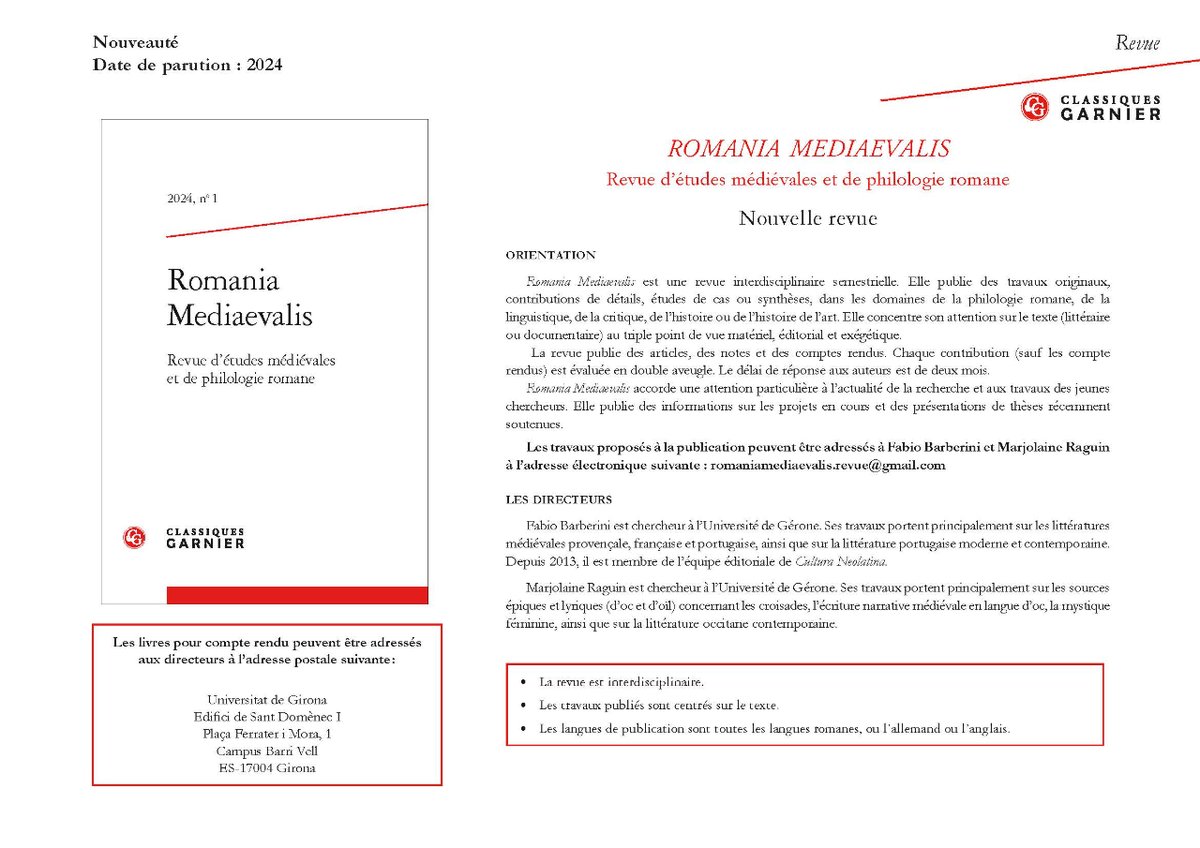 ILCC_UdG (@ilccudg) on Twitter photo 📢 #RecercaILCC: Es crea «'Romania Mediaevalis'. Revue d'études médiévales et de philologie romane» publicada per <a href="/EditionsCG/">Classiques Garnier</a>. La revista està dirigida per Fabio Barberini i Marjolaine Raguin, membres de l'<a href="/ILCCUdG/">ILCC_UdG</a>.
✍️ Més informació a: romaniamediaevalis.revue@gmail.com 📢 #RecercaILCC: Es crea «'Romania Mediaevalis'. Revue d'études médiévales et de philologie romane» publicada per <a href="/EditionsCG/">Classiques Garnier</a>. La revista està dirigida per Fabio Barberini i Marjolaine Raguin, membres de l'<a href="/ILCCUdG/">ILCC_UdG</a>.
✍️ Més informació a: romaniamediaevalis.revue@gmail.com
