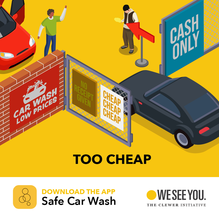 💶 A price that's too good to be true can often mean it is.

📲By downloading the #SafeCarWash app you can help identify and report concerns linked to #ModernSlavery

#LabourExploitation #HumanTrafficking #Trafficking #EndModernSlavery