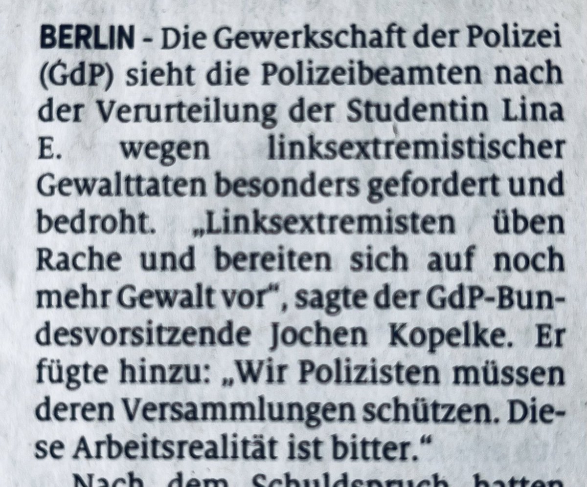 🤮
Jemand sollte den Gewerkschaften der Polizei nochmal erklären, was „Demokratie“ bedeutet. Gern auch, was im Grundgesetz geregelt ist (Quelle: „Der Bote“, Nürnberg).
