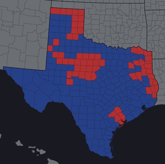 1) Texas is BLUE.
It is just because of the MASSIVE Election Fraud that stupid, brainwashed people believe Texas is red.

Donald Trump won only in some rural areas. In all the rest of Texas - including Lubbock, College Station, and Smith County - Biden won BIG in Texas!