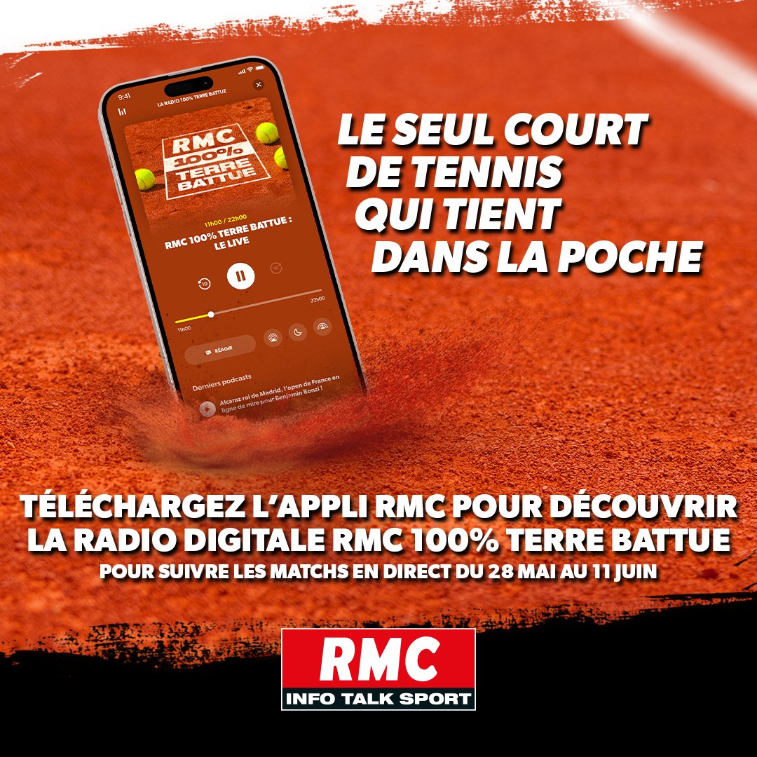 RMC on Twitter: "🎾 Suivez tous les matches de #RolandGarros en direct,  toute la journée, grâce à notre radio digitale "RMC 100% Terre Battue" 🎧  Écoutez la radio digitale ▻ https://t.co/R5HUtn4lmC 📲