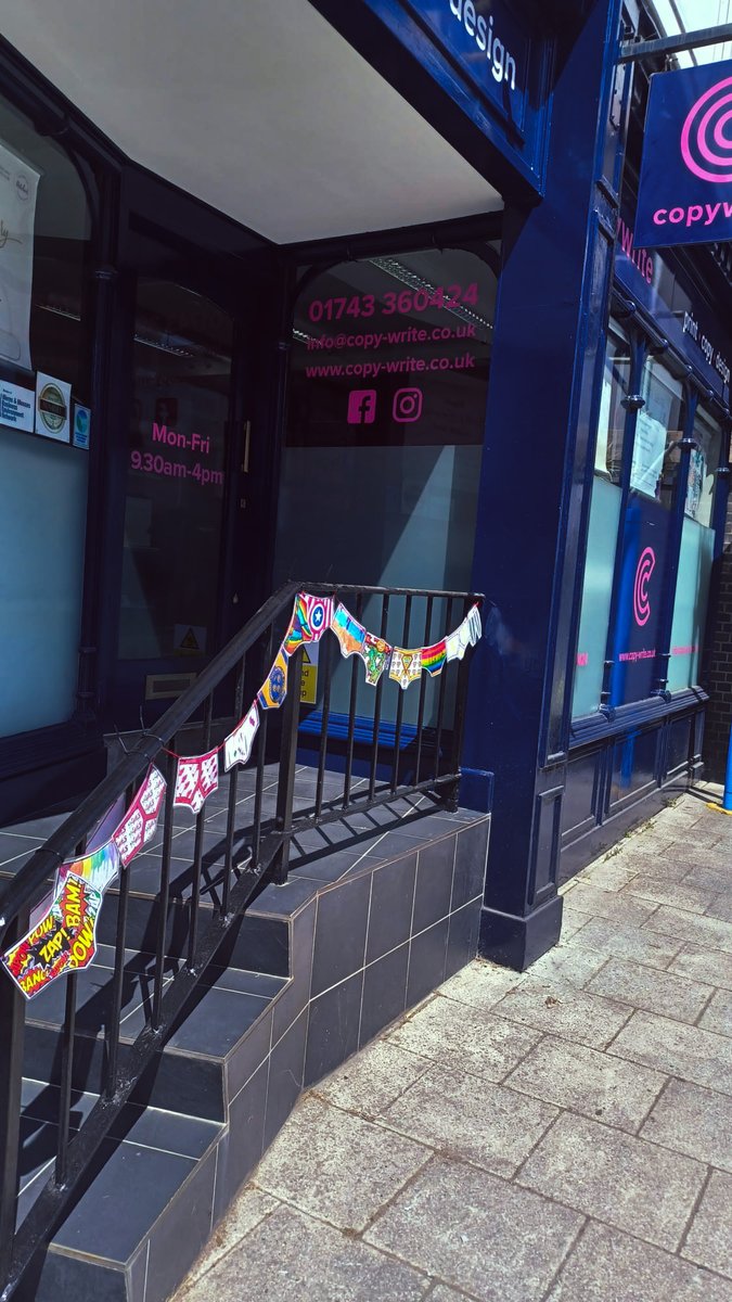 The Belle Vue Arts Festival crew have kindly brightened up our shop railings with some hero-themed decorations! Visit Greyfriar's Bridge tomorrow at 11am where the festival will be kicking off. #bvaf2023 #bellevueartsfestival 
#greyfriarsbridgeshrewsbury #shrewsburyevents