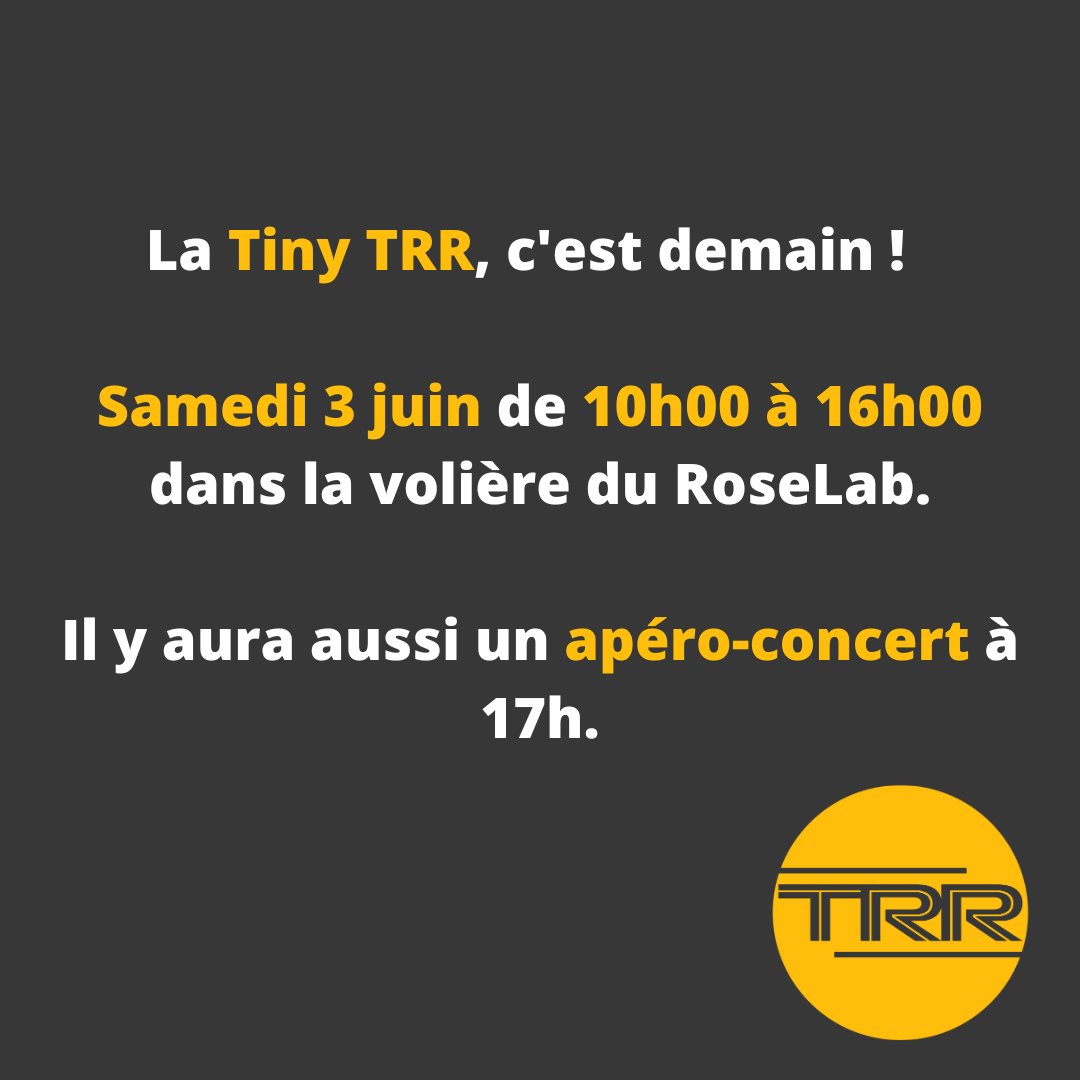 La Tiny TRR, c'est demain ! 🔥

Samedi 3 juin à de 10h00 à 16h00 dans la volière du RoseLab.

Les portes ouvrent à 9h, n'hésitez pas à venir parler avec nous. 😁