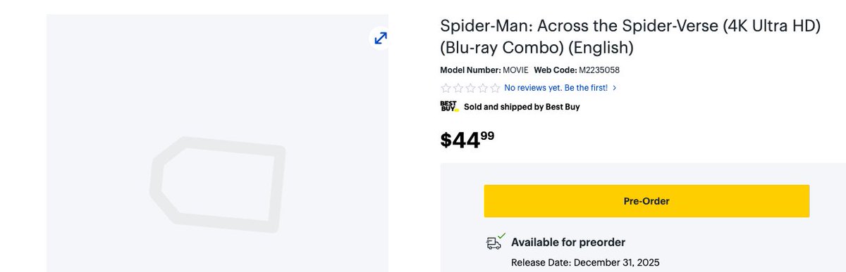 Probably a Steelbook - Spider-Man: Across the Spider-Verse 4K is up for pre-order at Best Buy ($44.99, usual Steelbook price) bestbuyca.o93x.net/9ge13y #ad

Standard 4K ($32.99) bestbuyca.o93x.net/DKLErd