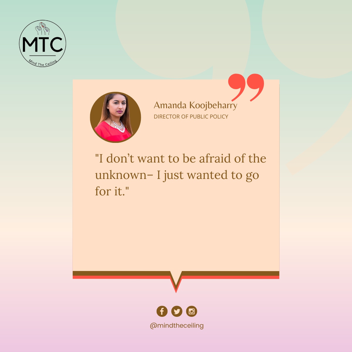 JUST GO FOR IT! ✔️

Watch this episode here:

Youtube: youtube.com/watch?v=k61Ynw…

Apple: podcasts.apple.com/us/podcast/ama…

Spotify: open.spotify.com/episode/66ZpXs…

#MindTheCeiling #MTC #WomenWhoWork #LeadershipPodcast #Inspo #WomxnsLeadership #WorkLifeBalance ⁠