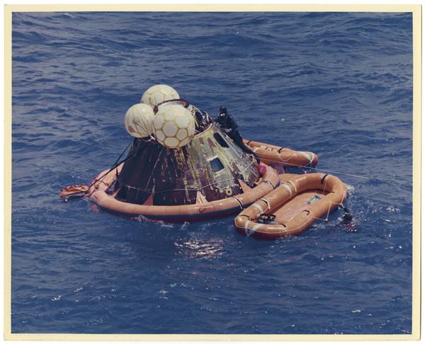 U.S. Navy Chief Photographers Mate Wendy Gellert printed this image of the Apollo 16 command and service module after it splashed down on April 27, 1972 after a successful mission to the moon. #ArchivesHashtagParty #ArchivesUnderTheSea