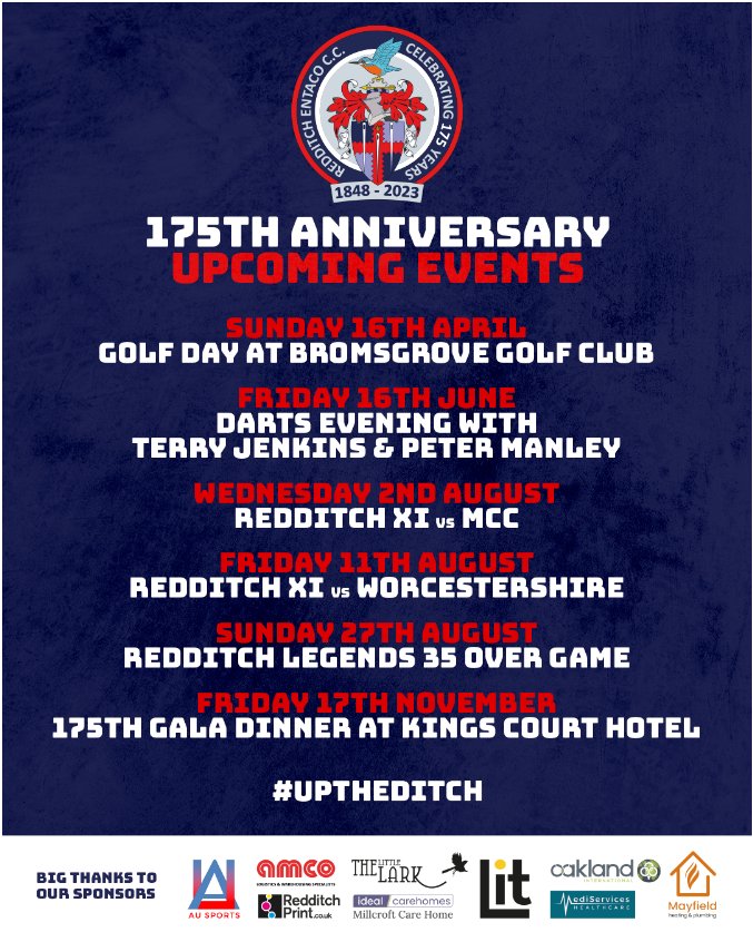 Happy June everyone! It is Redditch Entaco Cricket Club's 175th Anniversary and we have some cracking events to help us celebrate that! We started off with an excellent golf day and here are some of the events in the pipeline for the rest of this year!

#UpTheDitch 🔥🏏🎯🍽⛳️