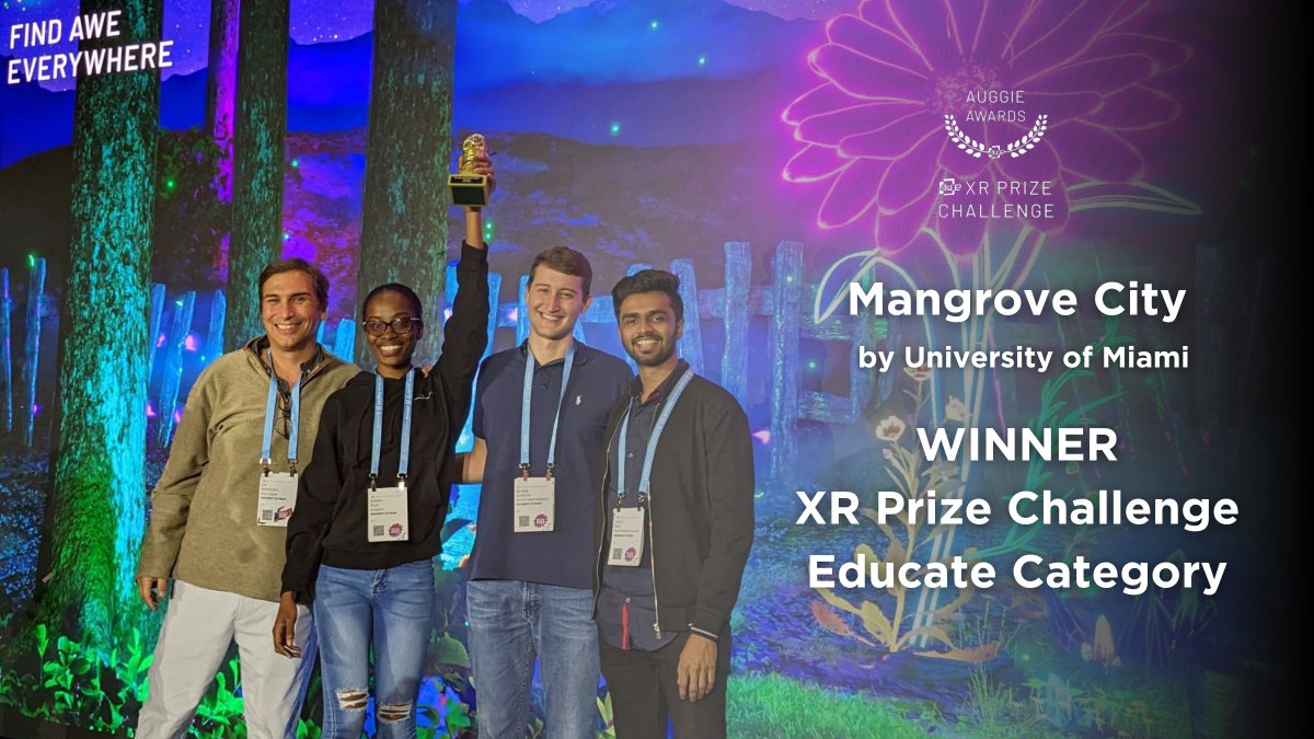 Mangrove City, an Interdisciplinary Project from <a href="/univmiami/">University of Miami</a> emerges as the winner of <a href="/ARealityEvent/">AWE</a>'s XR Prize Challenge: Educate Category! 🏆 

This #AWE2023 win is a testament to the power of collaboration &amp; the limitless possibilities of #ImmersiveTechnology. 🙌 

#WeAreSoC