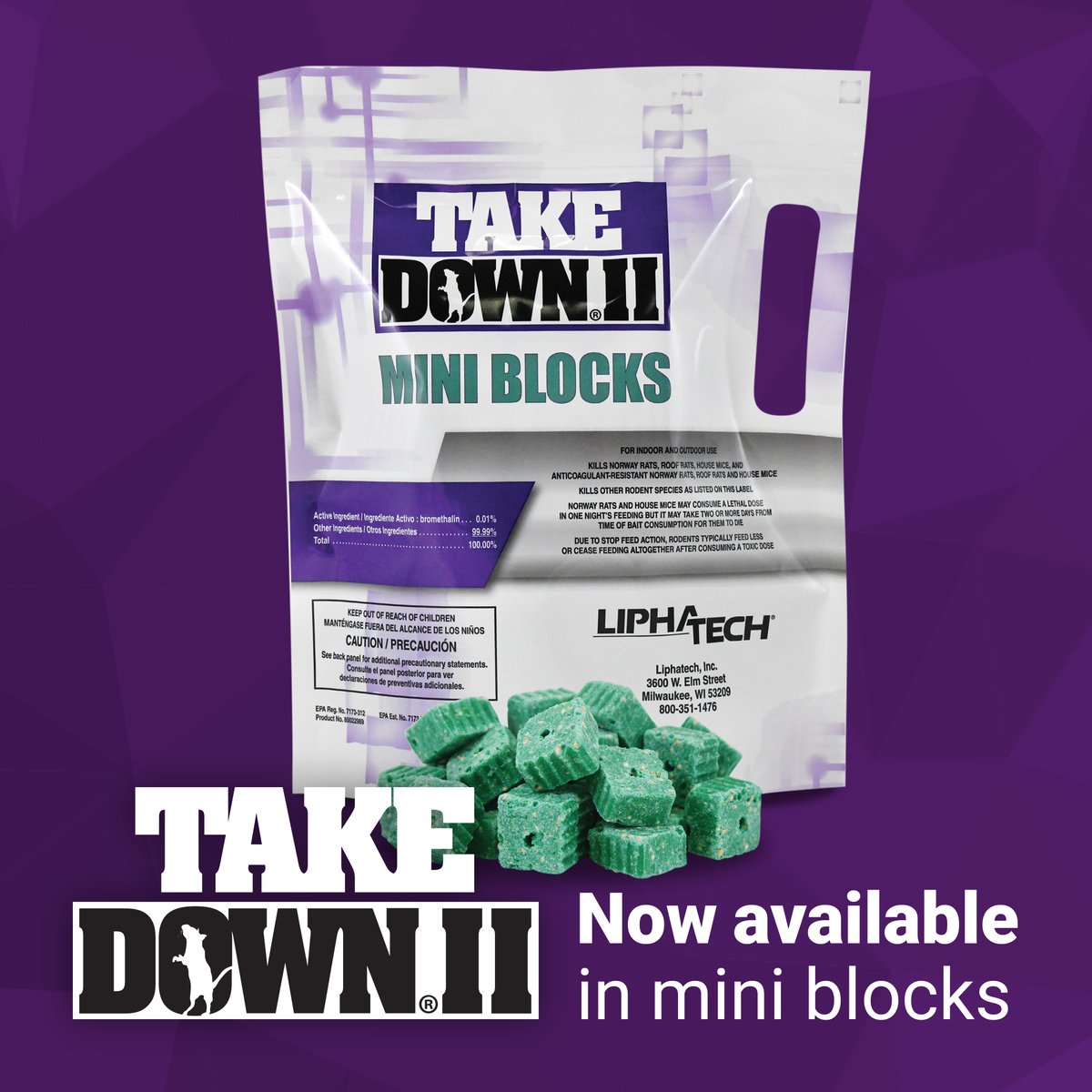 Liphatech's tweet image. Our TakeDown II formula is now available in mini-block format! Contact one of our sales team members and get yours today!

Shop TakeDown II mini-blocks » bit.ly/3q9wuO8

#TakeDownII
#MiniBlock
#Liphatech