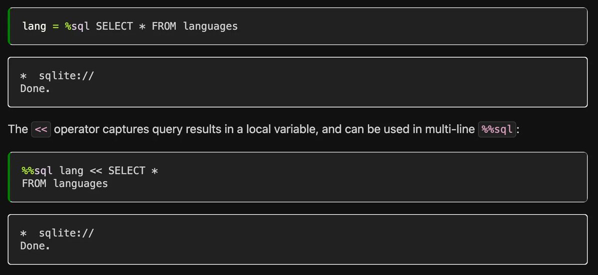 ploomber's tweet image. 🎯 🎯 🎯 JupySQL is changing the way you can capture SQL results into Python variables!
Seamlessly interact with SQL within your Python environment, capturing SQL query results directly into Python variables.
#Python #SQL #VariableAssignment